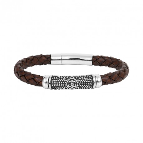 BRACELET STEEL AND LEATHER BRAID FLOWER OF LYS
