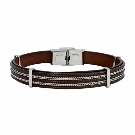 Bracelet acier chaine et cuir 3 rangs Pete