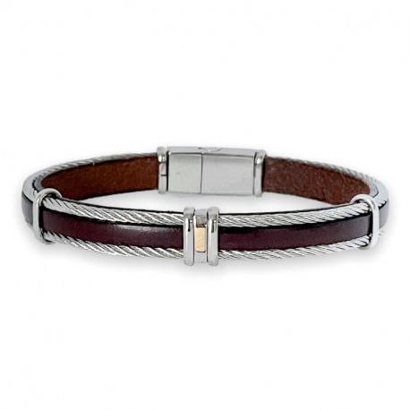 BRACELET CUIR, CABLES ACIER ET OR AARON