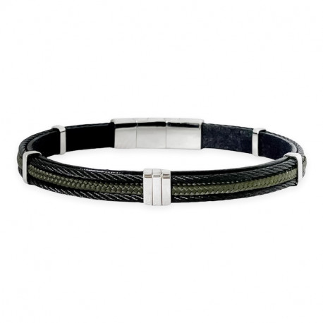 BRACELET CABLE ACIER NOIR ET CORDON IKE