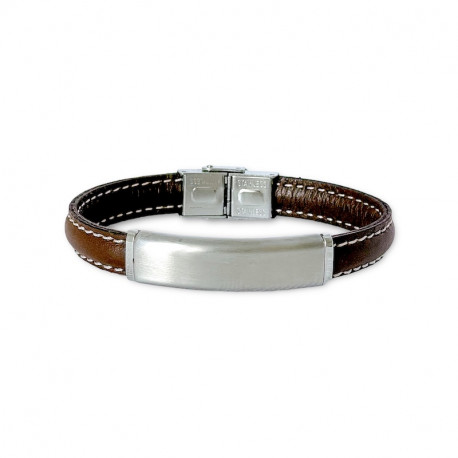 BRACELET CUIR SURPIQUE ET PLAQUE ACIER DORIAN